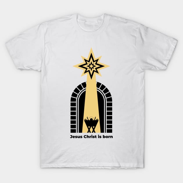 Baby Jesus in the barn, from above the light of the star of Bethlehem. Nativity of the Savior Christ. T-Shirt by Reformer